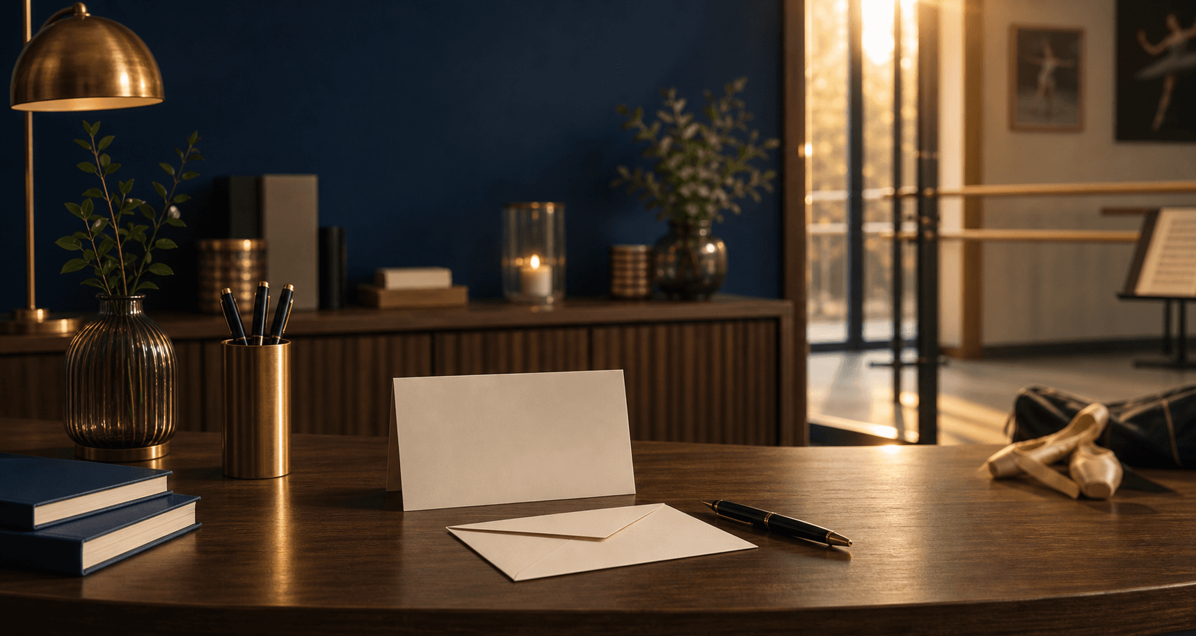 Bureau d'accueil associatif avec courrier et éléments artistiques